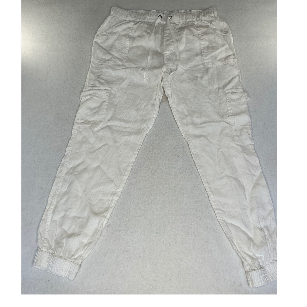 Nicole Miller Cargo Jogger Pants Womens Large White 100% Linen Elastic Waist - Picture 2 of 7